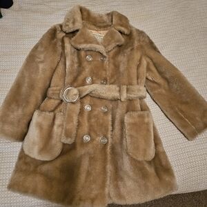 Vtg 60s 70s GLENOIT MILLS Faux Fur Coat Belted Penny Lane Boho Mod Tan S/M